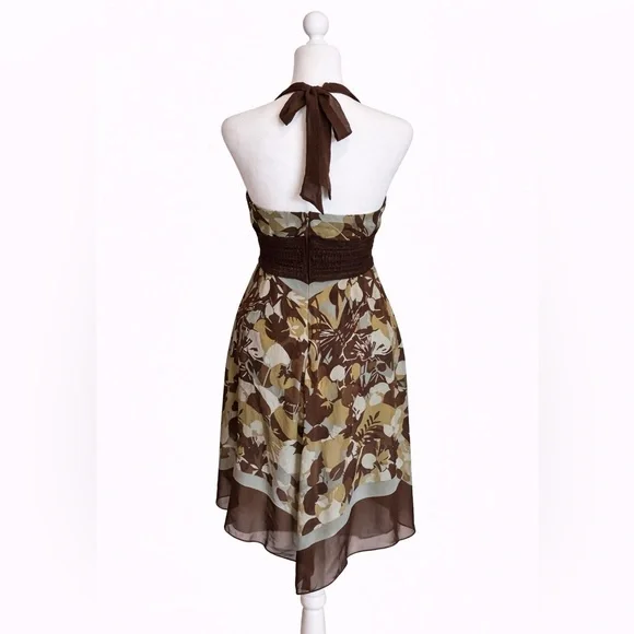 BCBG Max Azria 100% Silk Halter Dress | Brown Floral | Women's Size 4 - Picture 5 of 7